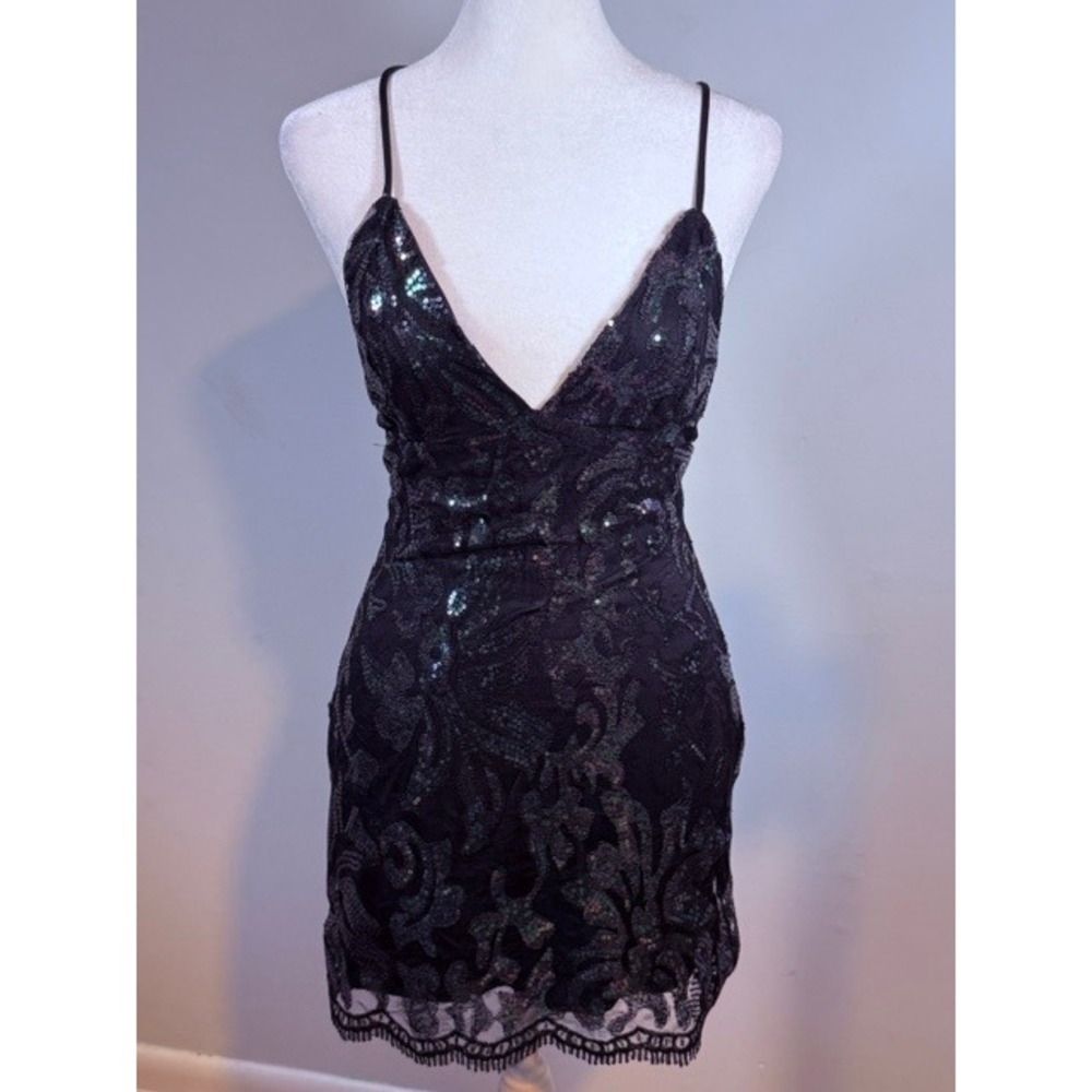 Lucy in the Sky Clarabelle Iridescent Sequin Lace Up Back Mini Dress Black Sz S